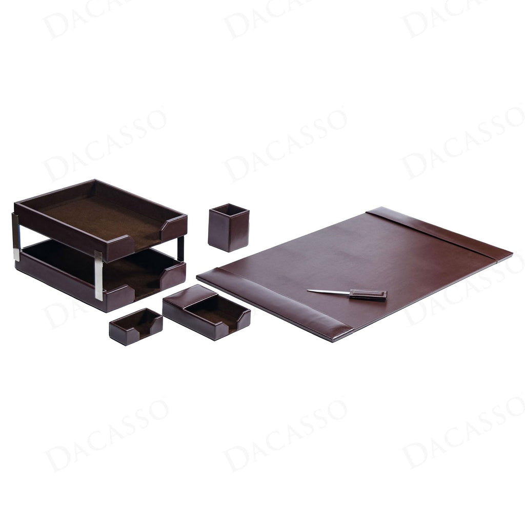 Dark Brown Bonded Leather 8-Piece Desk Accessory Set U93794