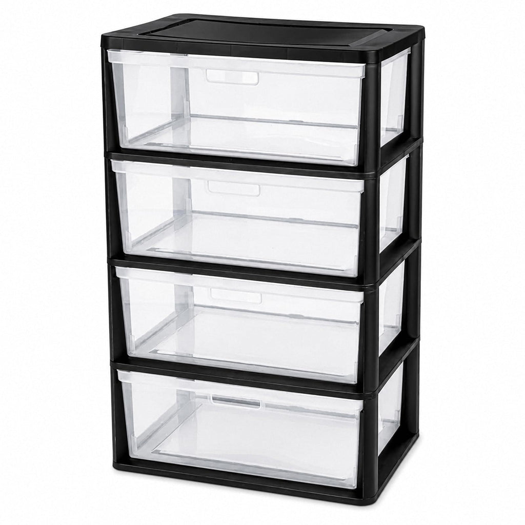 Black 4 Drawer Storage Organizer Tower with Clear Removable Bins B806587