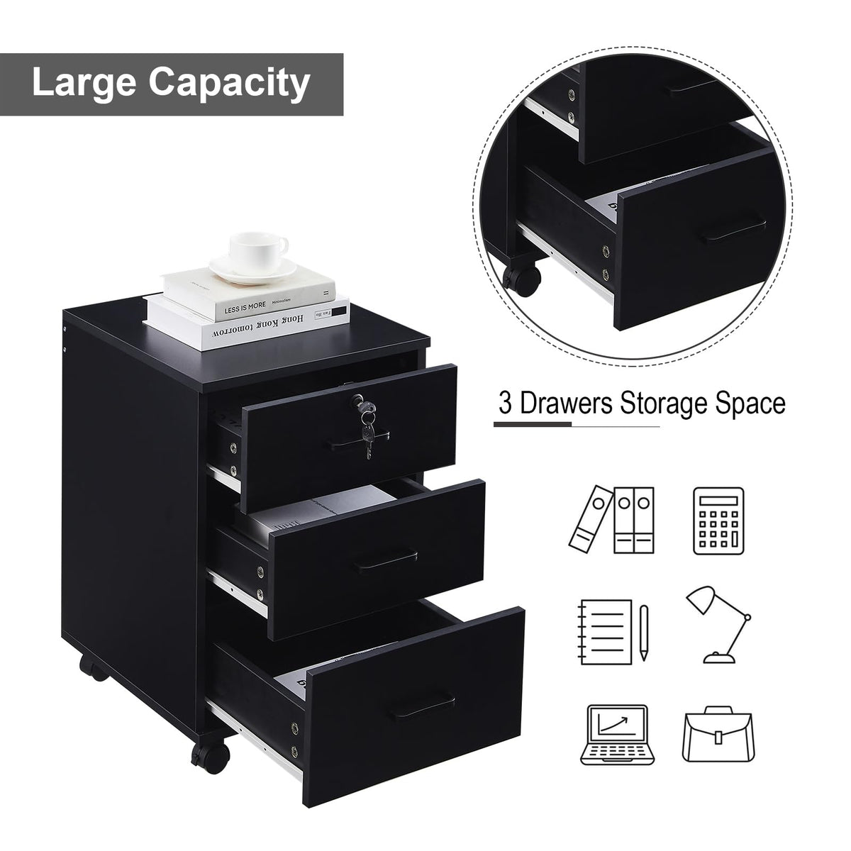 3 Drawer Black File Cabinet with Lock B45340