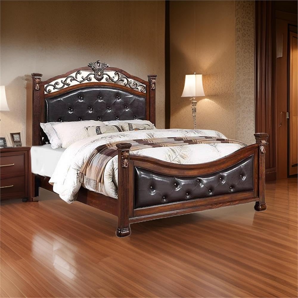 California King Bed with Tufted Vegan Faux Leather Headboard U85001