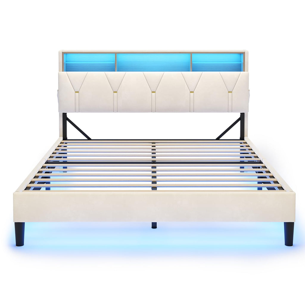 Full Size Bed Frame with Storage Headboard and LED Lights R92442