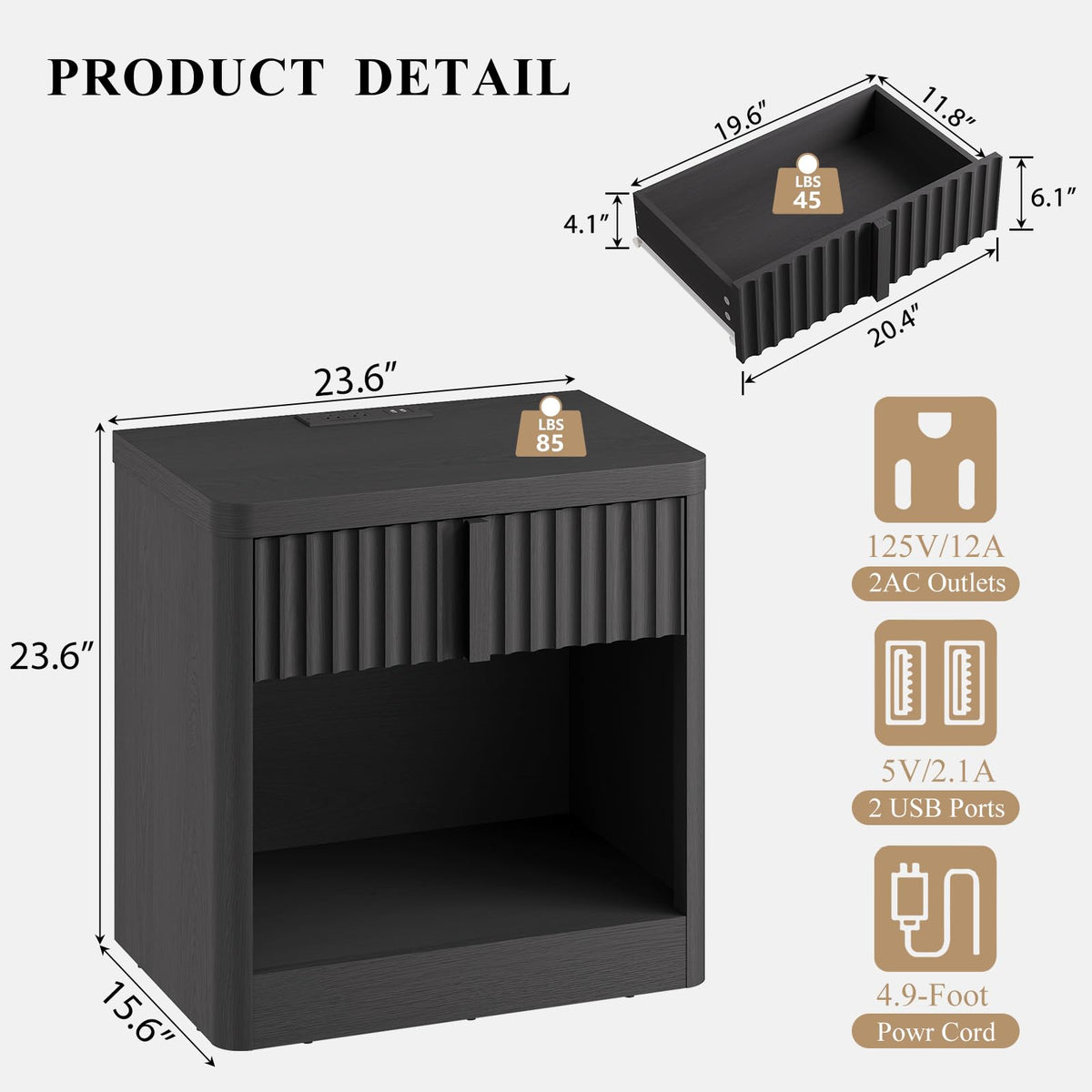 23.6" Fluted Nightstand with Charging Station, Black C240211