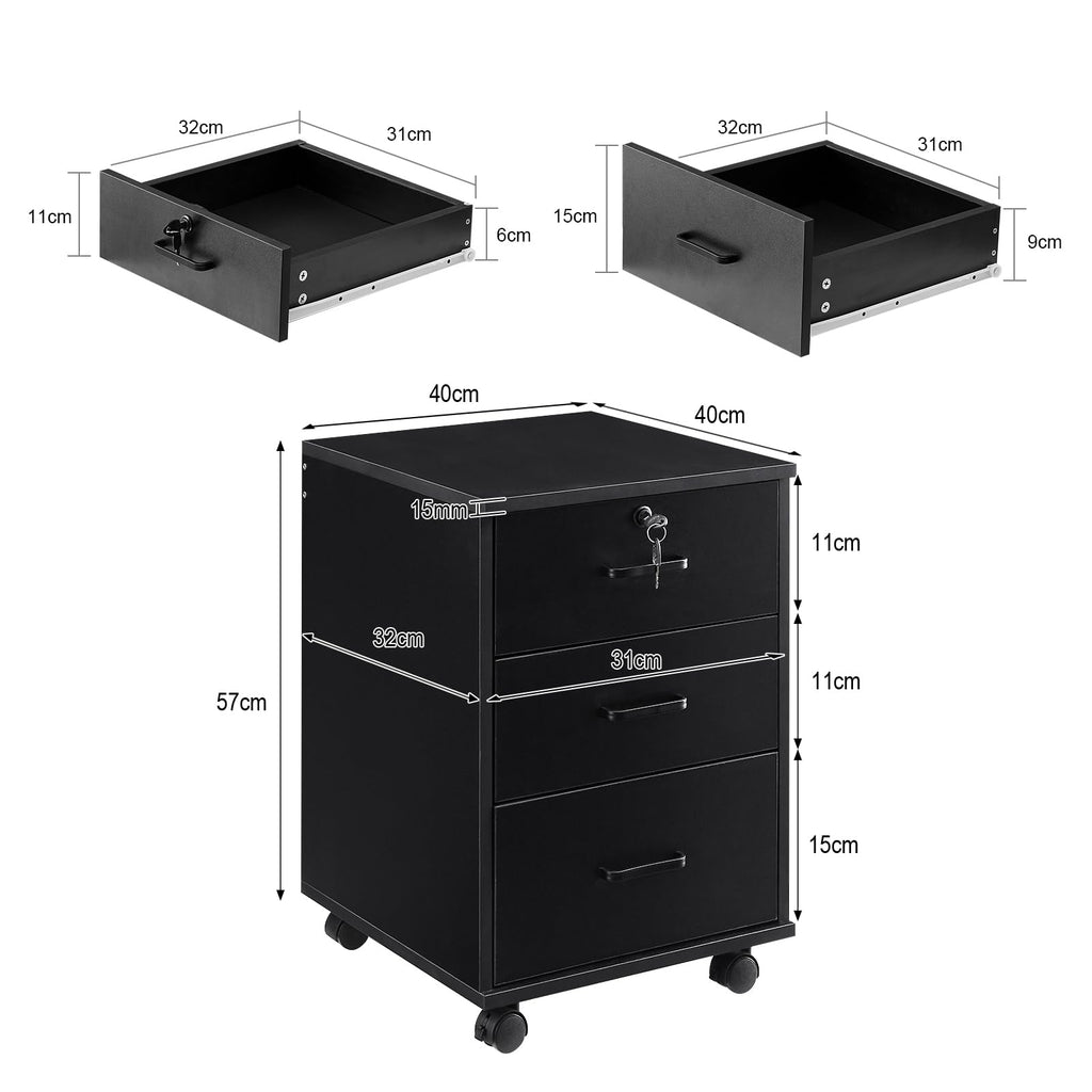3 Drawer Black File Cabinet with Lock B45340