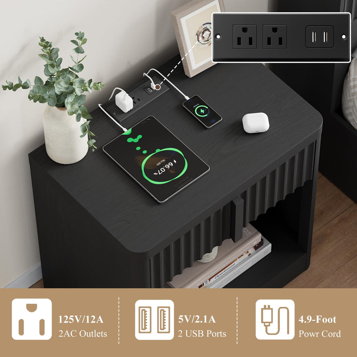 23.6" Fluted Nightstand with Charging Station, Black C240211