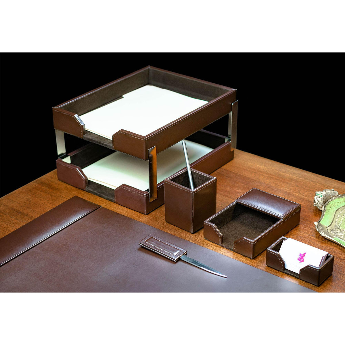 Dark Brown Bonded Leather 8-Piece Desk Accessory Set U93794