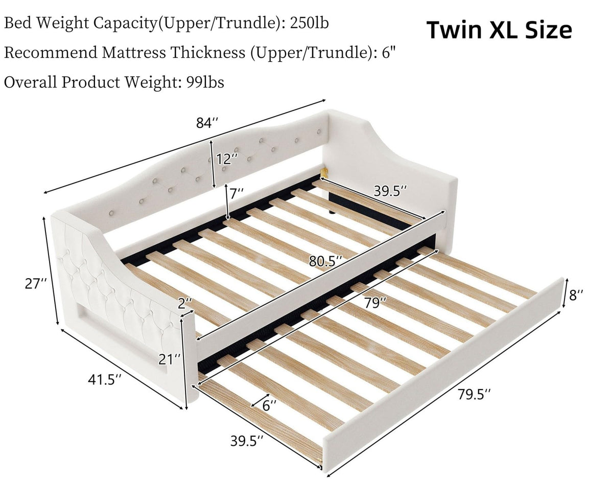 White Twin Size Linen Upholstered Daybed with Trundle A6827