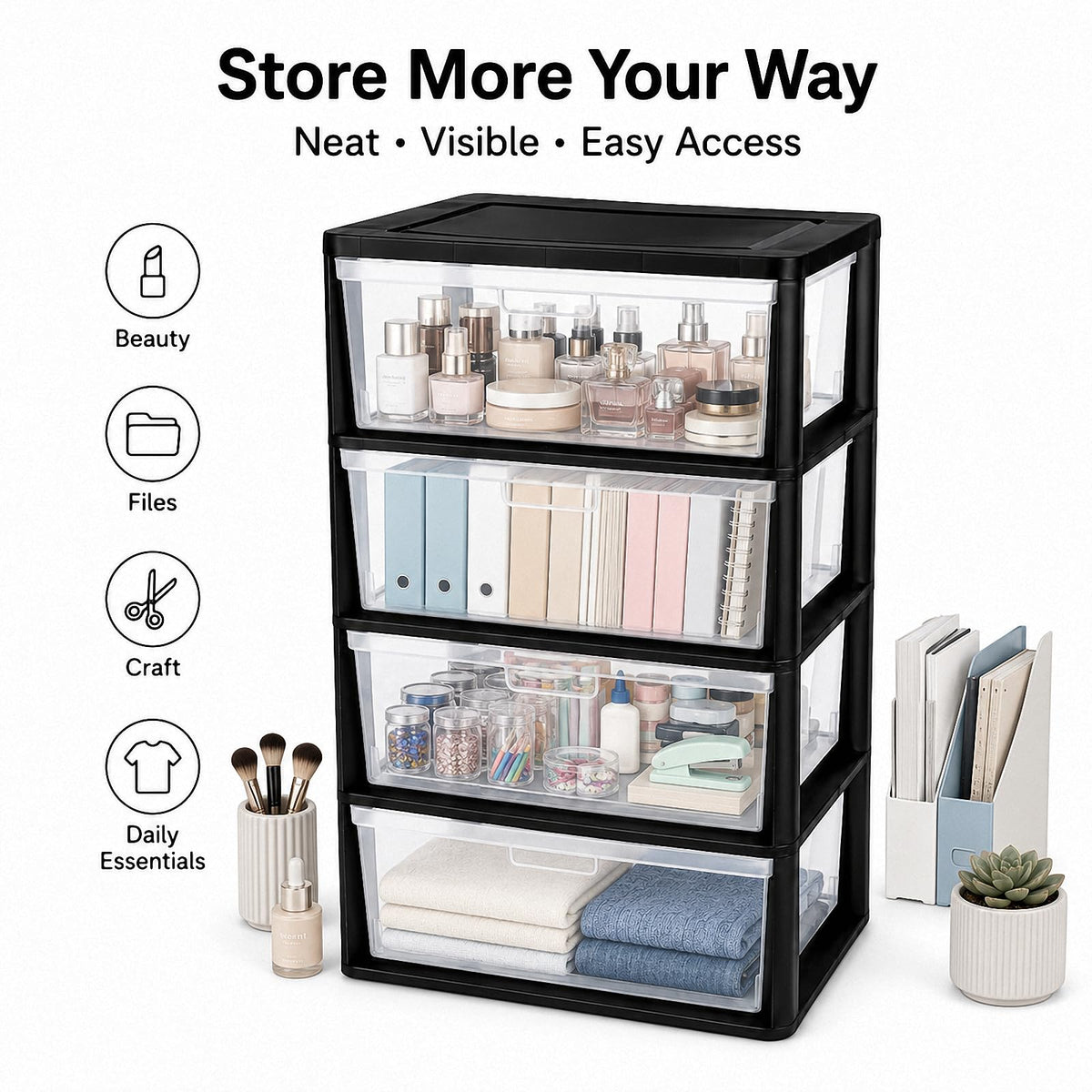 Black 4 Drawer Storage Organizer Tower with Clear Removable Bins B806587