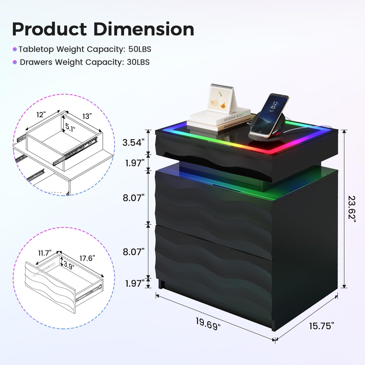 LED Night Stand Set 2 with Charging Station M134302