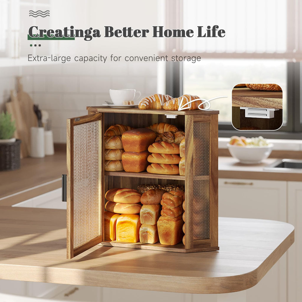 2-Tier Acacia Wood Bread Box with Window H7004