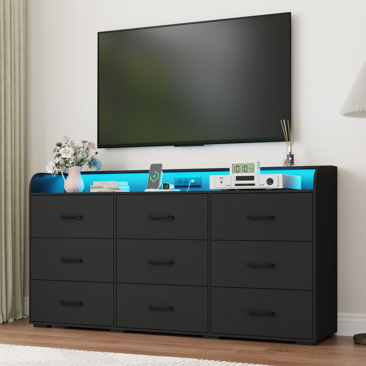 Black 9 Drawer Wood Dresser with Power Outlet and LED Lights N22577