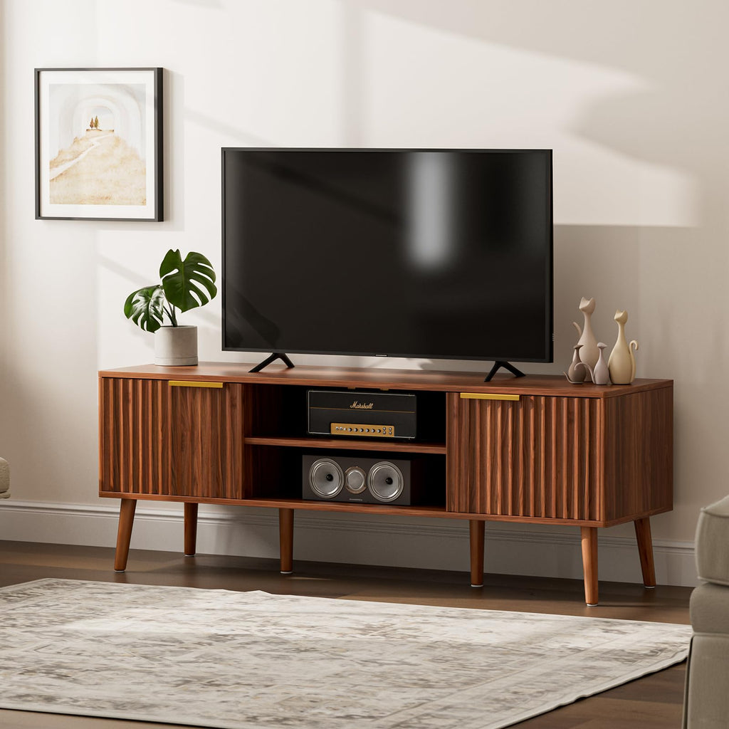 Walnut TV Stand with Fluted Doors P2638