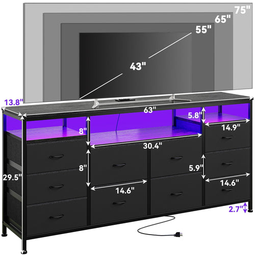 10 Drawer Dresser TV Stand with LED Lights and Power Outlets J56386