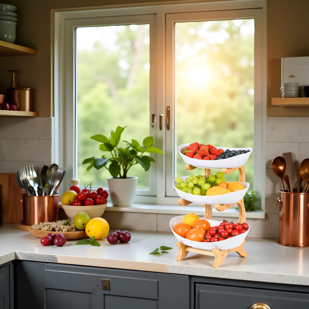 3 Tier Plastic Fruit Bowl with Bamboo Stand F1846