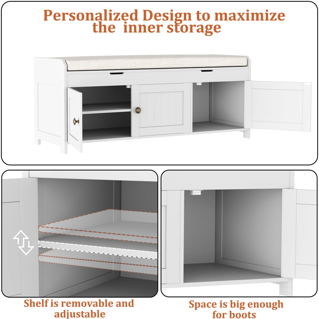 White Lift Top Storage Shoe Bench with Cushioned Seat U996422