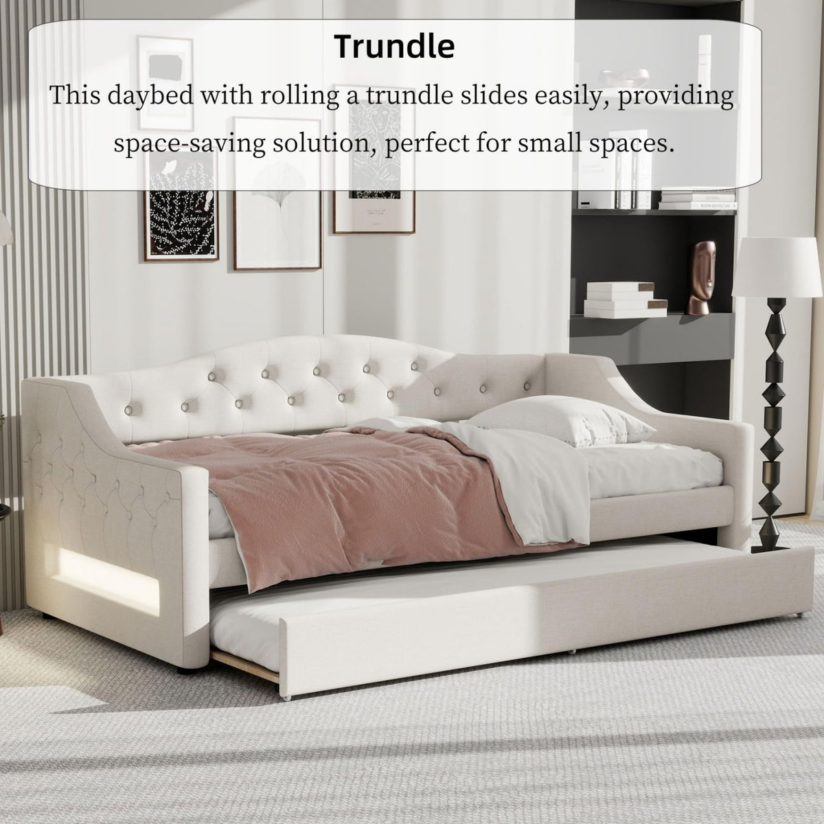 White Twin Size Linen Upholstered Daybed with Trundle A6827