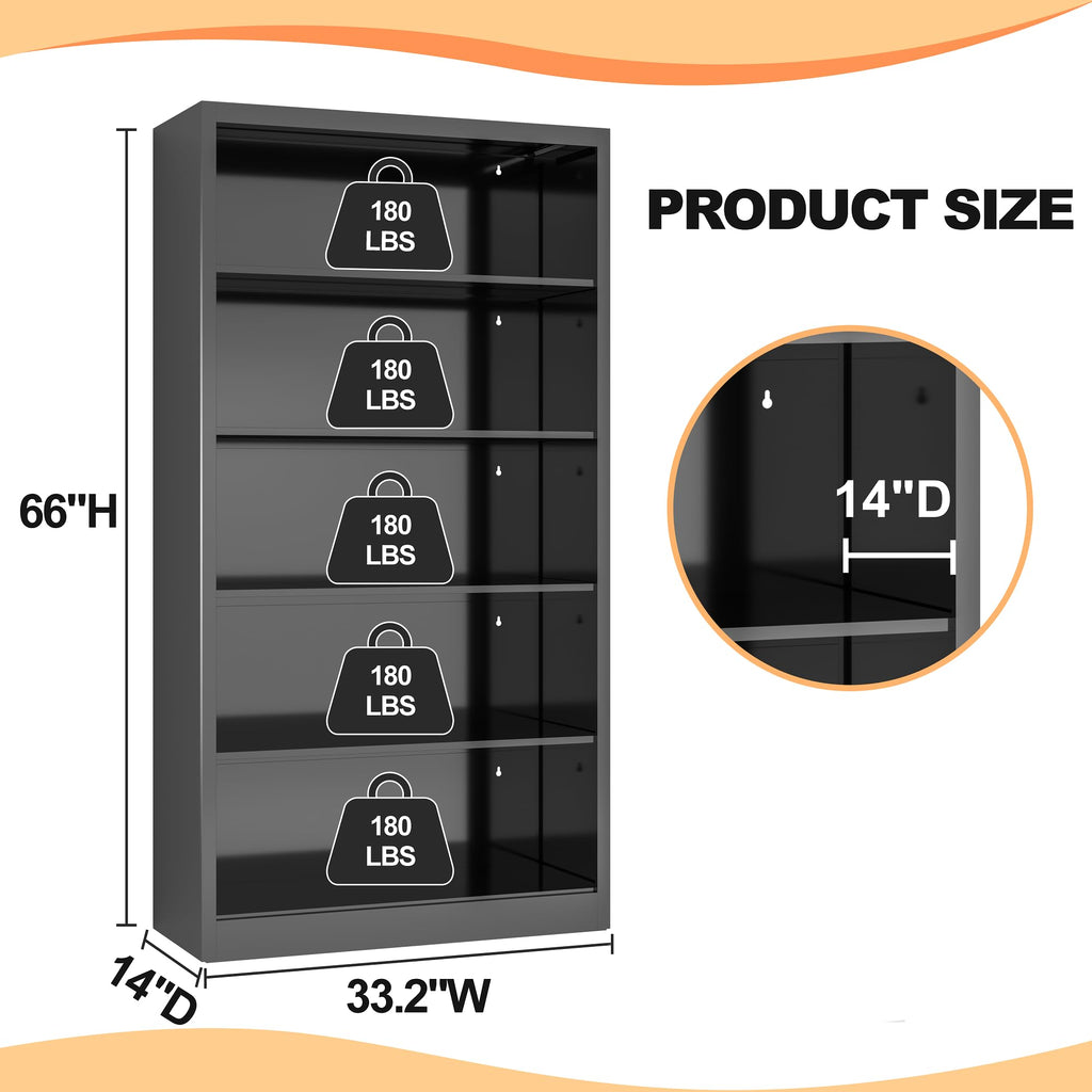 66" Tall Black Metal Bookcase with Adjustable Shelves S31035