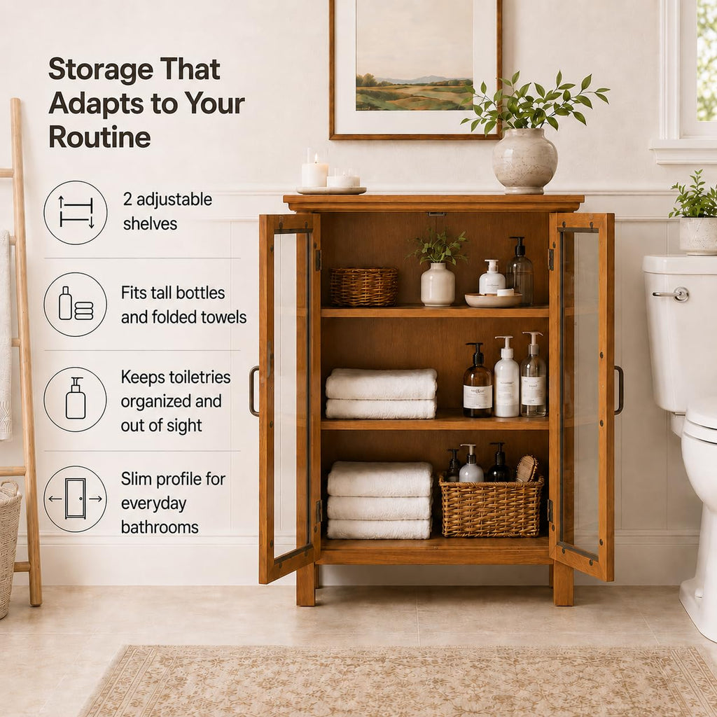 Wooden Freestanding Floor Cabinet with 2 Adjustable Shelves and 2 Glass Paneled Doors M21968