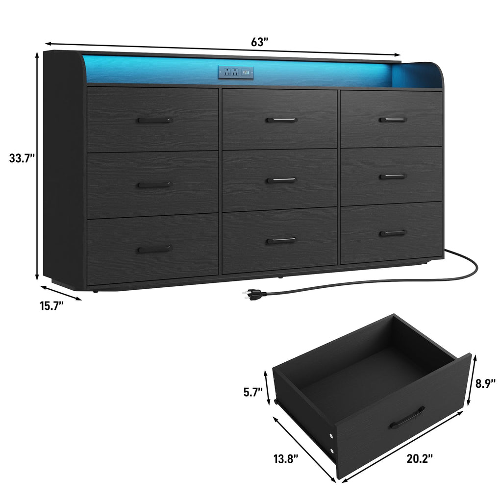 Black 9 Drawer Wood Dresser with Power Outlet and LED Lights N22577