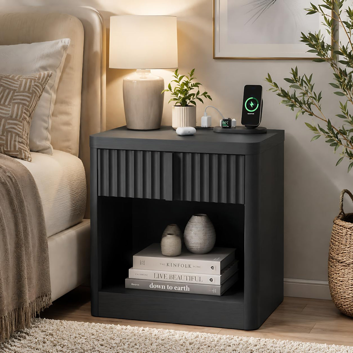 23.6" Fluted Nightstand with Charging Station, Black C240211