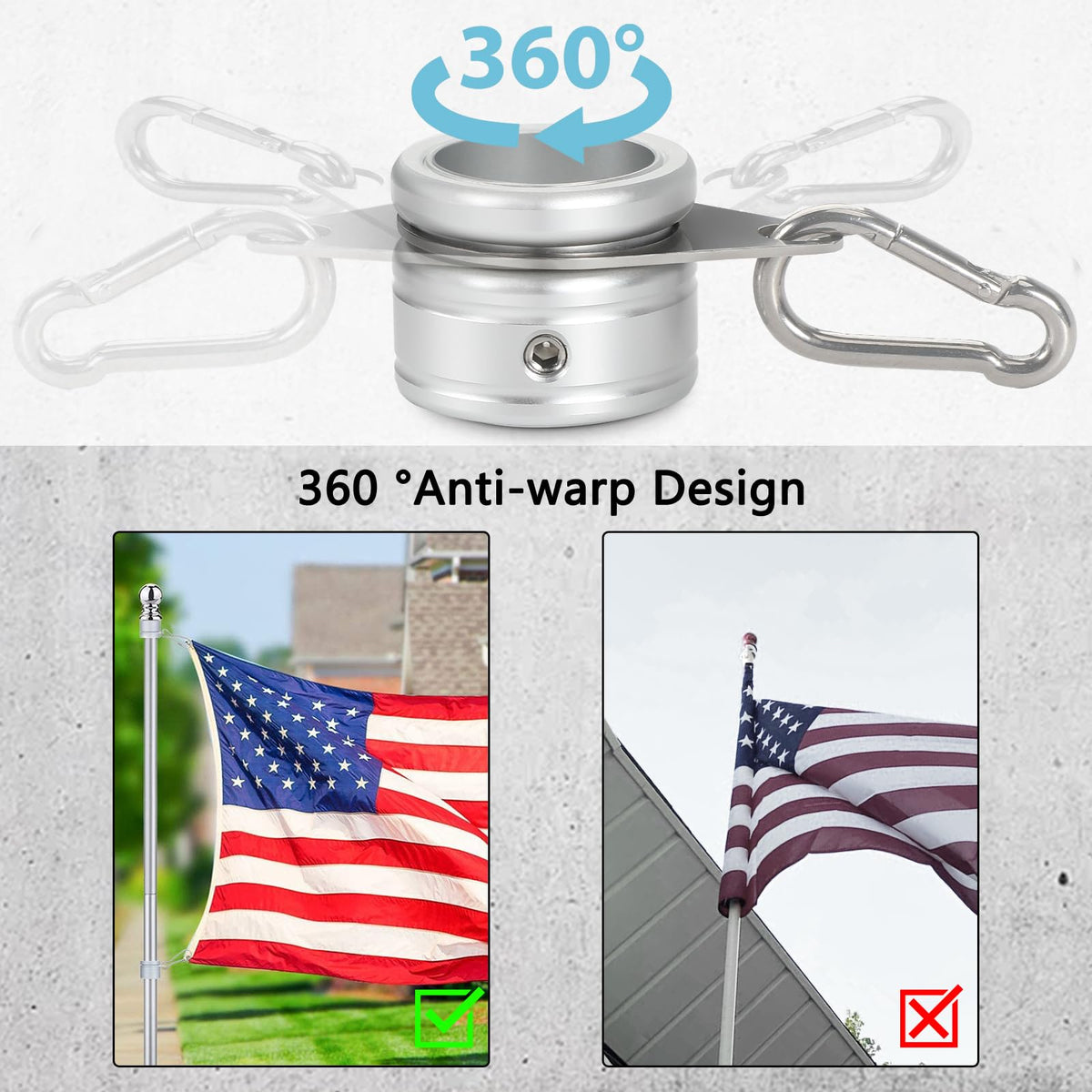 Aluminum Alloy Flag Pole Rings 360° Rotating with Carabiner, Pack of 2 H60526