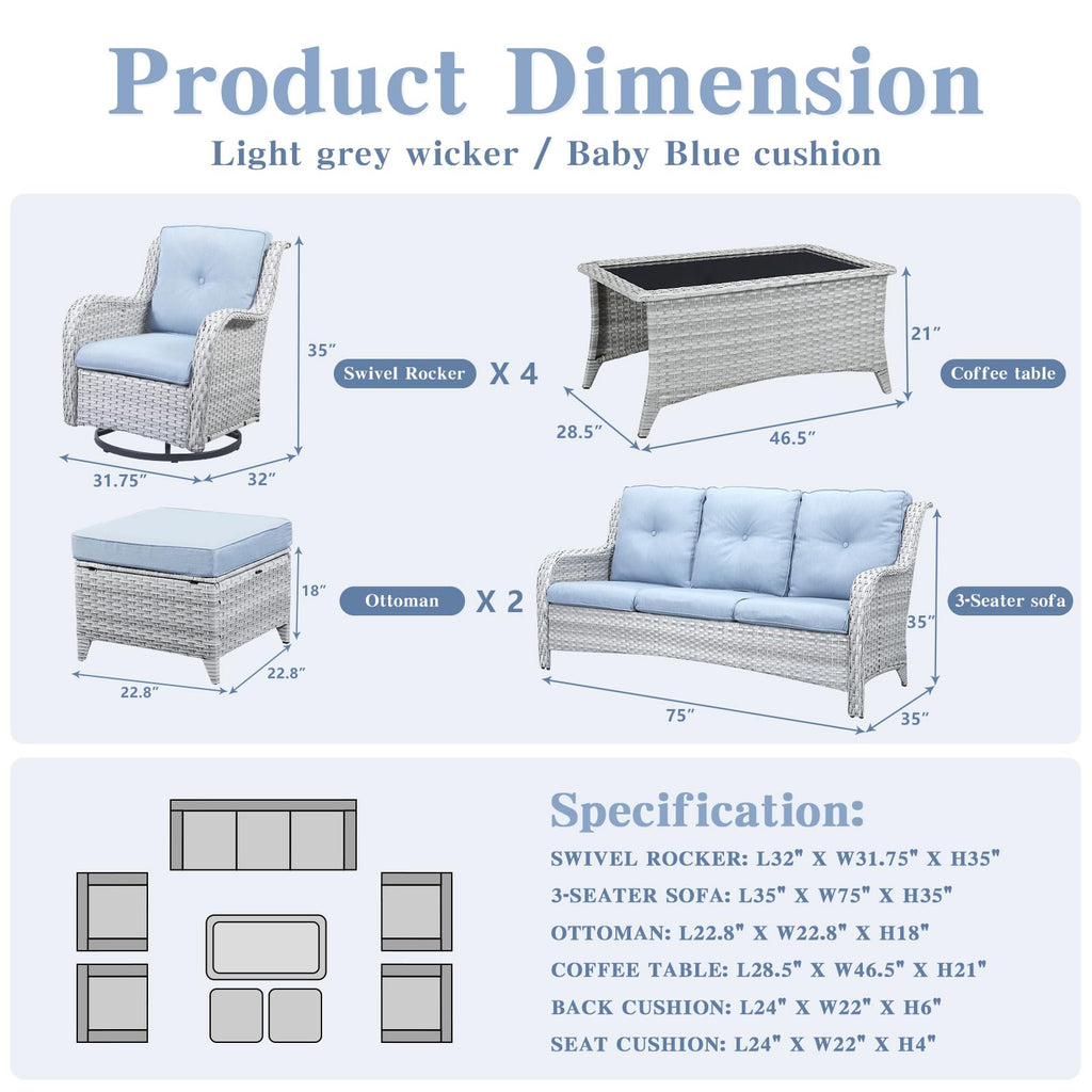 8 Piece Wicker Patio Furniture Conversation Set with Swivel Rocker Chairs, Sofa, Ottomans and Coffee Table K755480
