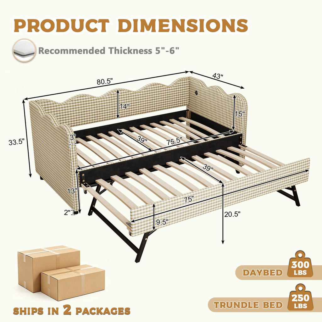 Twin Size Upholstered Gingham Daybed with Pop Up Trundle O374347
