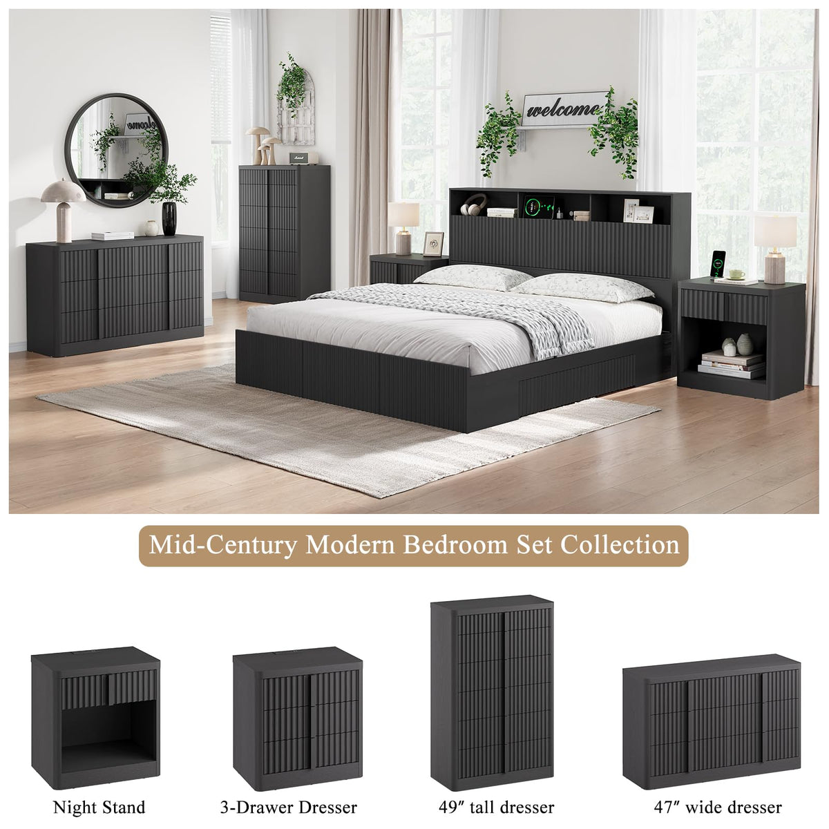 23.6" Fluted Nightstand with Charging Station, Black C240211
