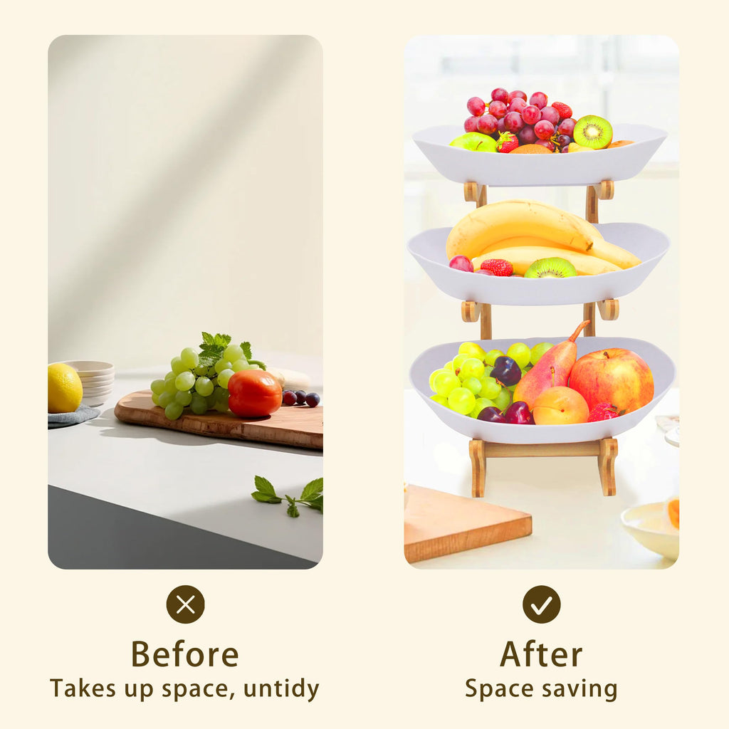 3 Tier Plastic Fruit Bowl with Bamboo Stand F1846