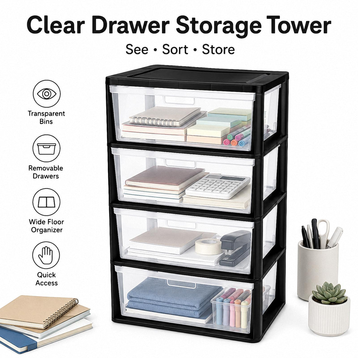 Black 4 Drawer Storage Organizer Tower with Clear Removable Bins B806587