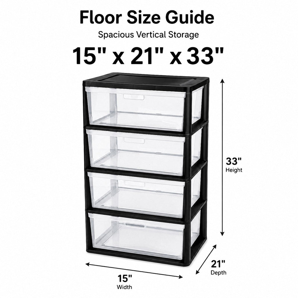 Black 4 Drawer Storage Organizer Tower with Clear Removable Bins B806587