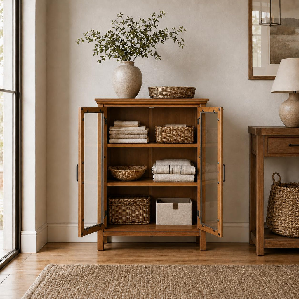 Wooden Freestanding Floor Cabinet with 2 Adjustable Shelves and 2 Glass Paneled Doors M21968