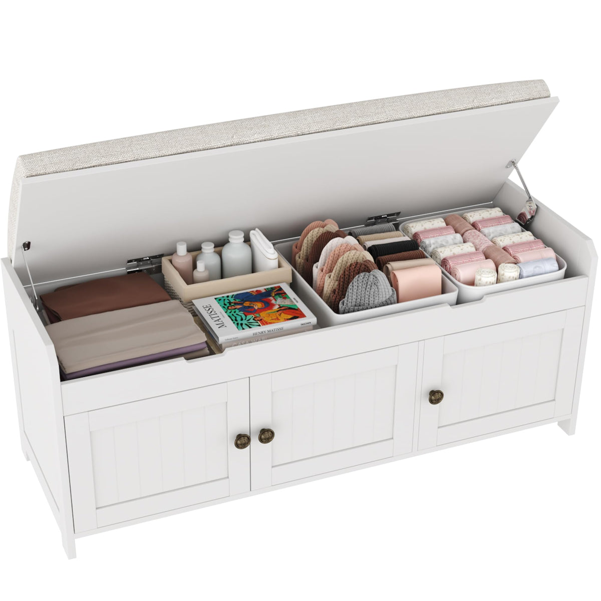 White Lift Top Storage Shoe Bench with Cushioned Seat U996422
