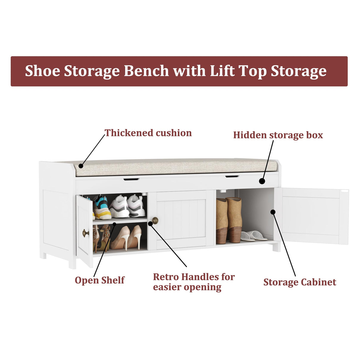 White Lift Top Storage Shoe Bench with Cushioned Seat U996422