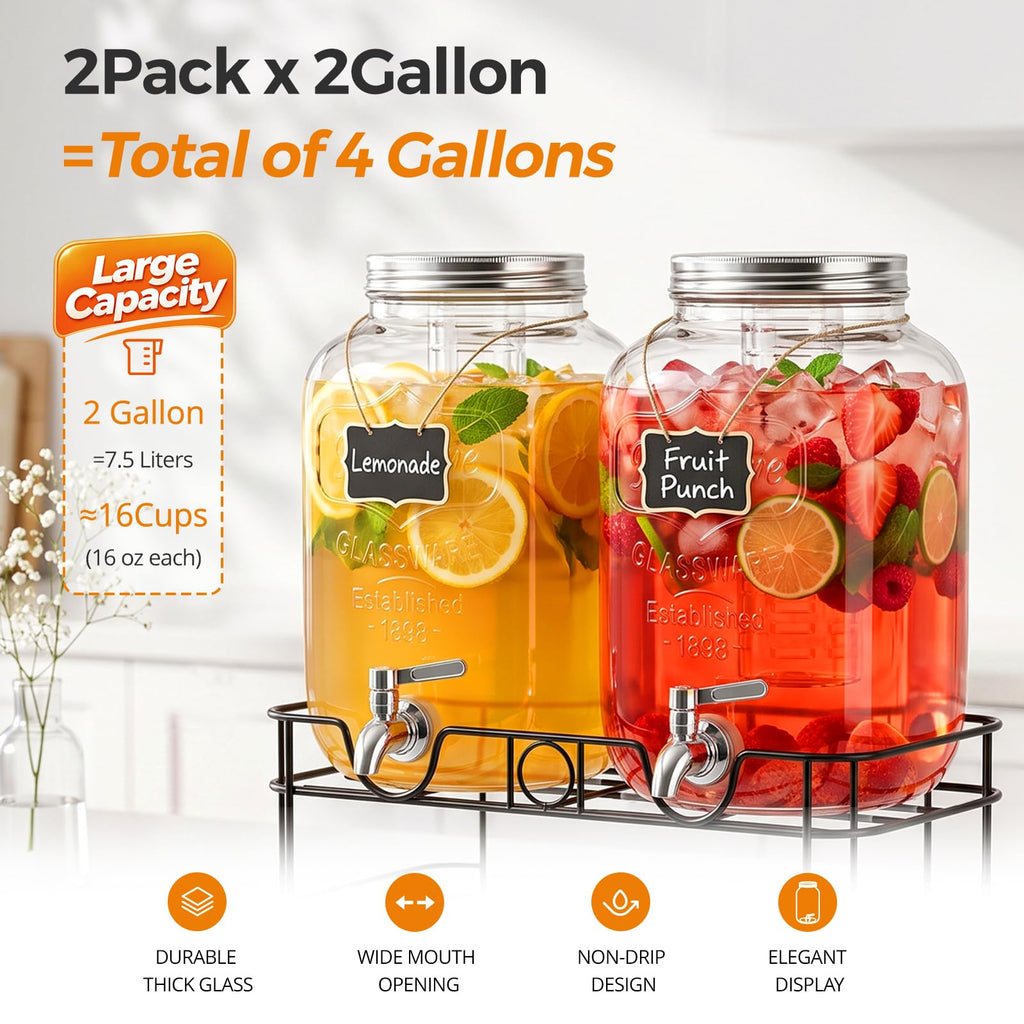 2 Gallon Glass Drink Dispensers, 2 Pack B961977