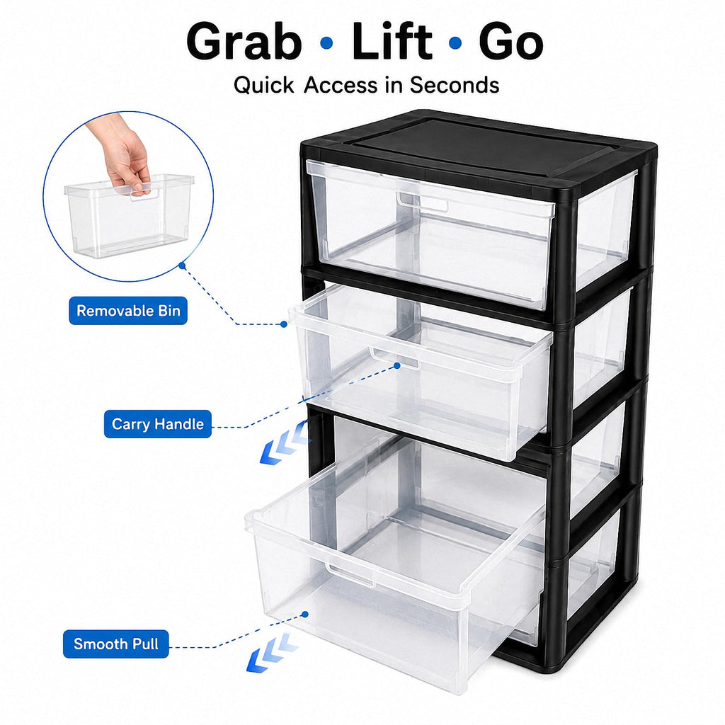 Black 4 Drawer Storage Organizer Tower with Clear Removable Bins B806587