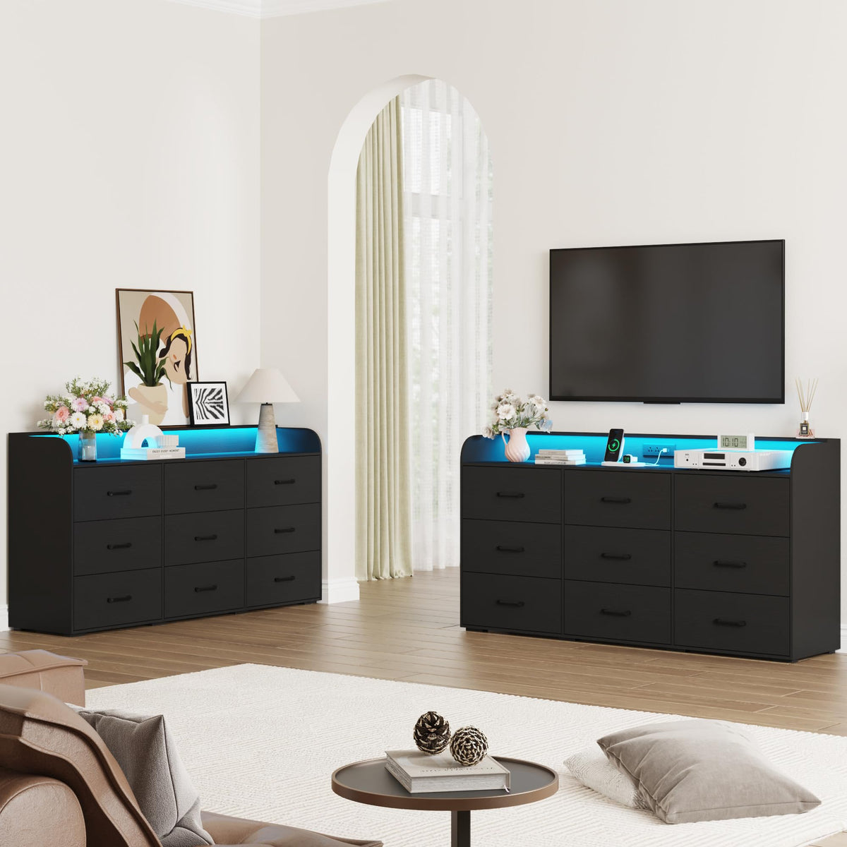 Black 9 Drawer Wood Dresser with Power Outlet and LED Lights N22577