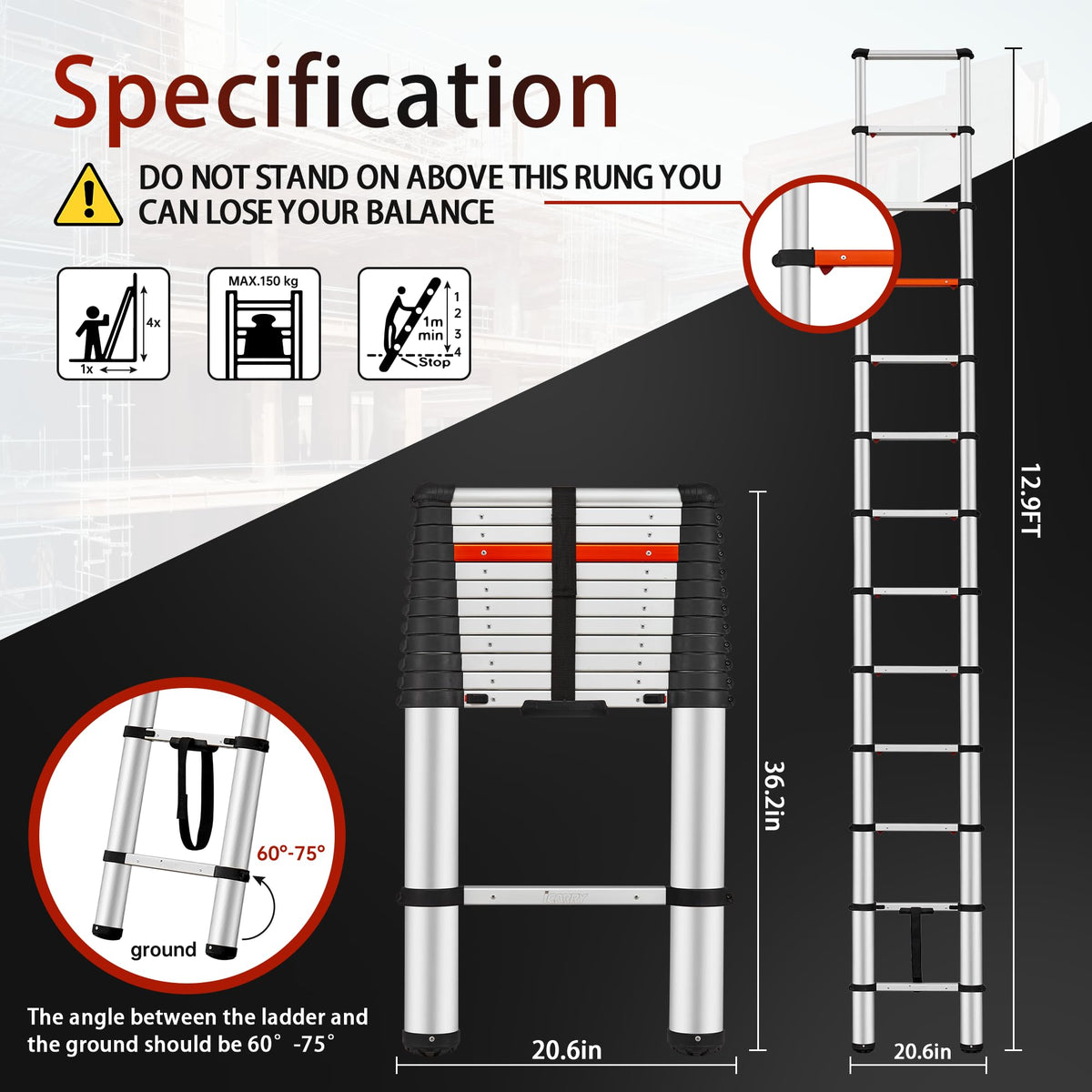 Telescoping Aluminum Ladder 12.9 FT 250lb Capacity B884002