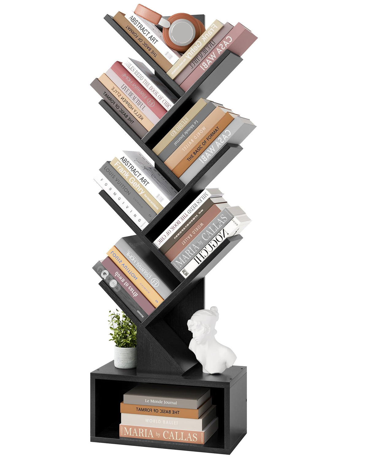 Black 6 Tier Wood Tree Bookshelf with Drawer W246