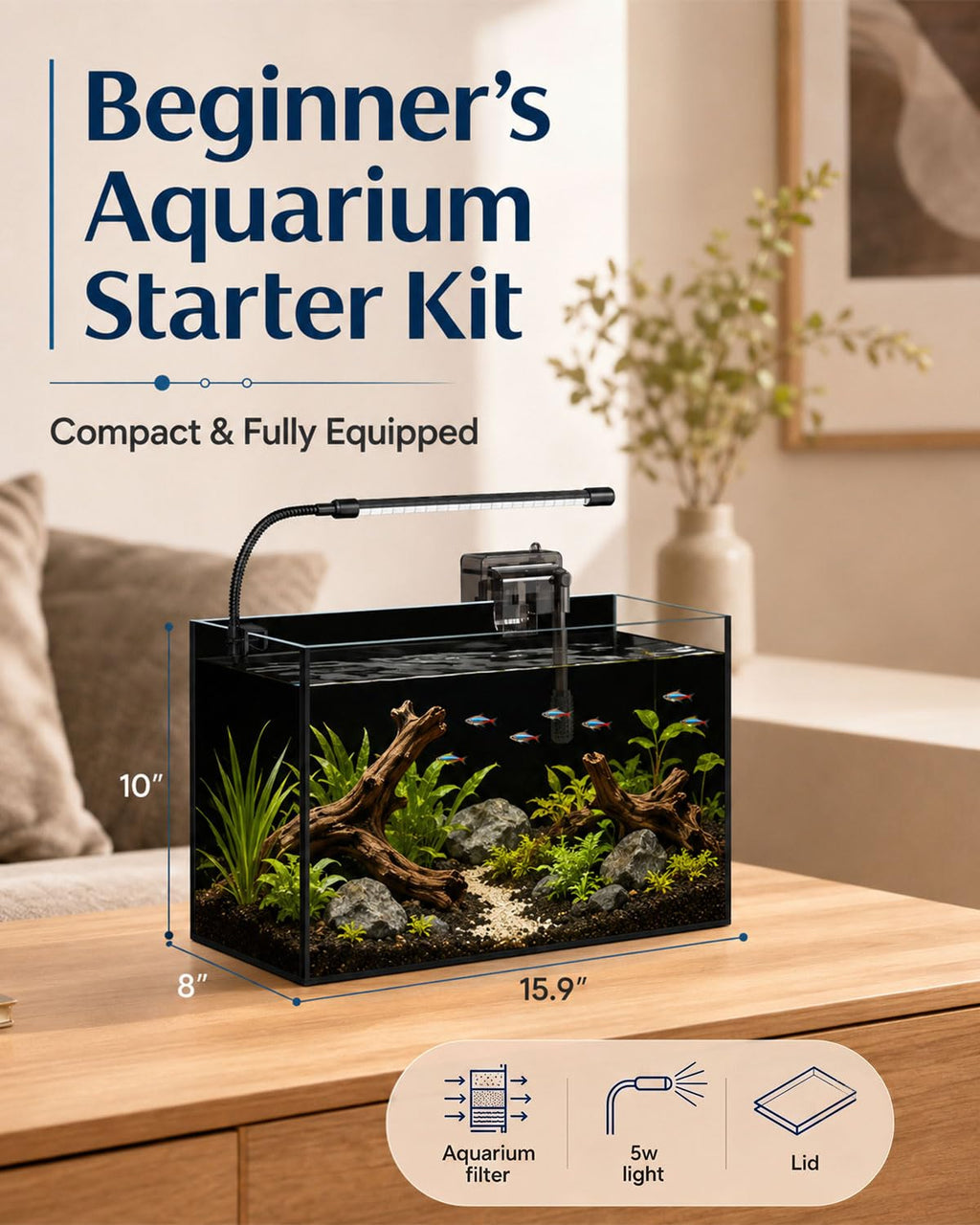 5 Gallon Rimless Glass Aquarium Starter Kit H944