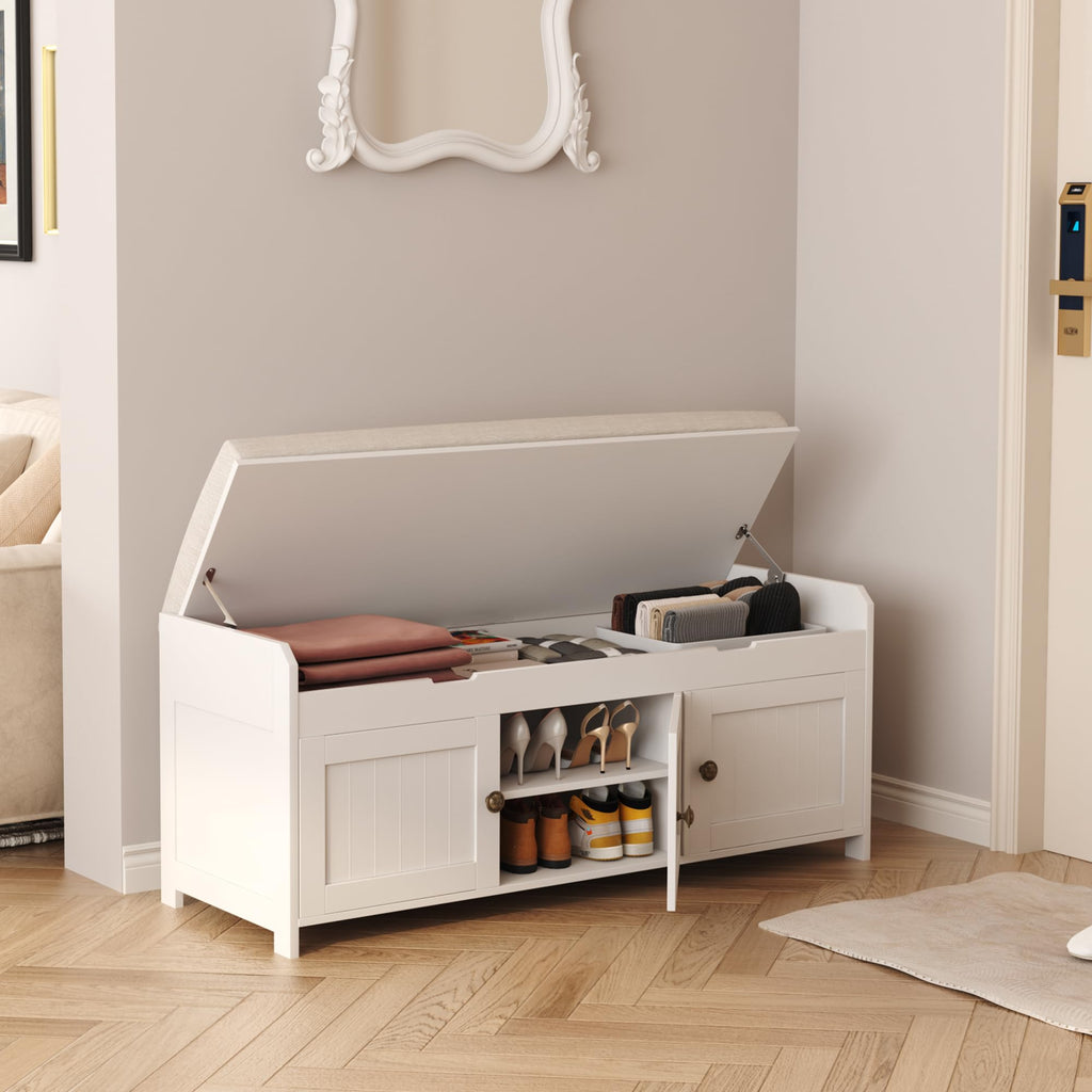 White Lift Top Storage Shoe Bench with Cushioned Seat U996422