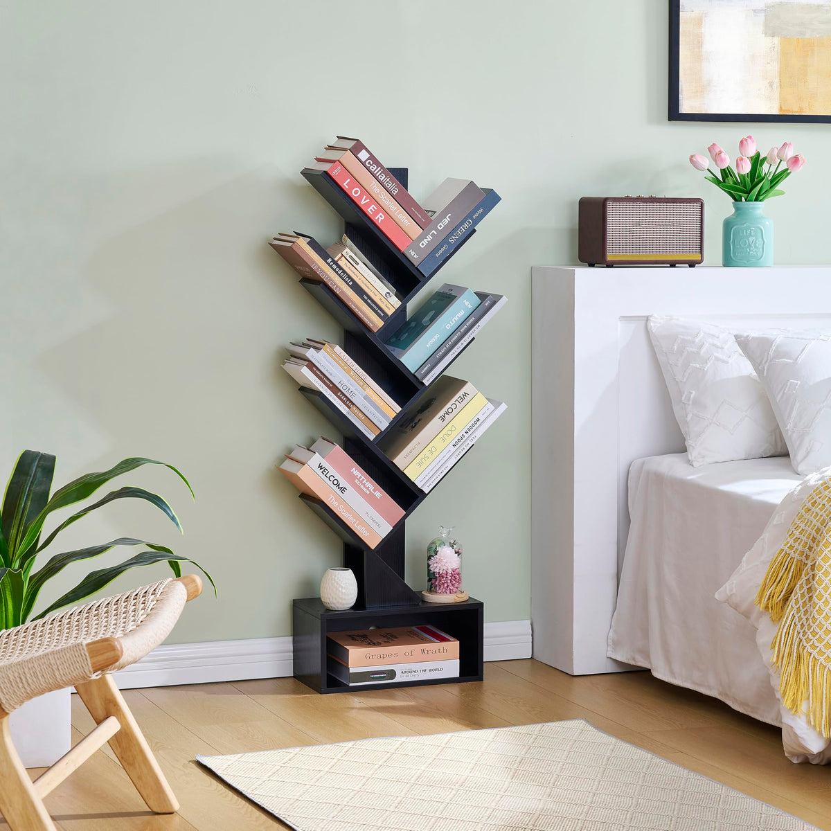 Black 6 Tier Wood Tree Bookshelf with Drawer W246