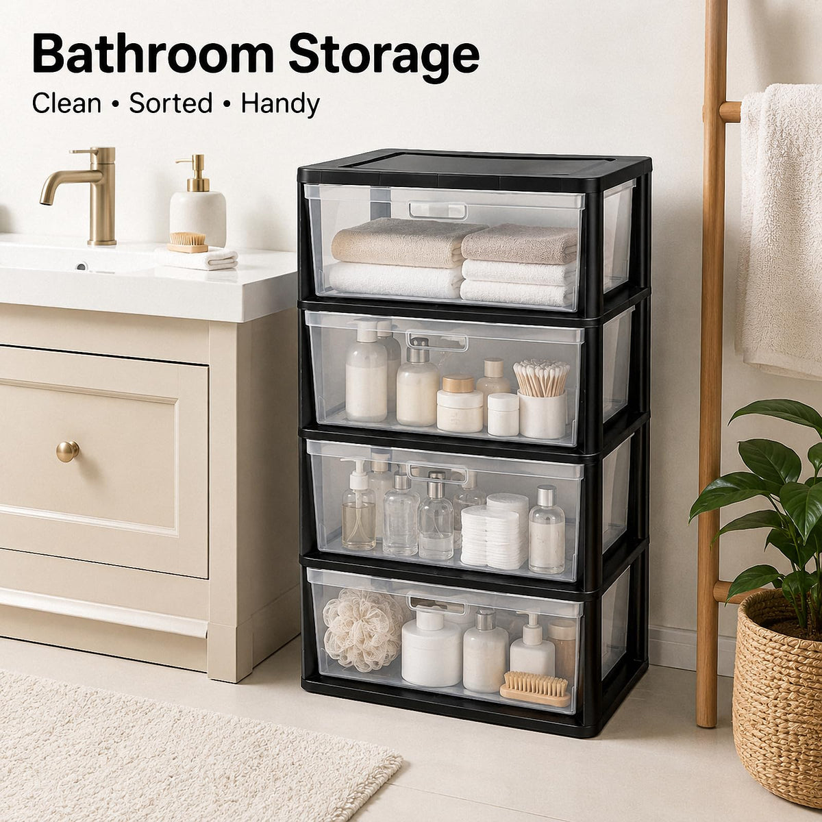 Black 4 Drawer Storage Organizer Tower with Clear Removable Bins B806587