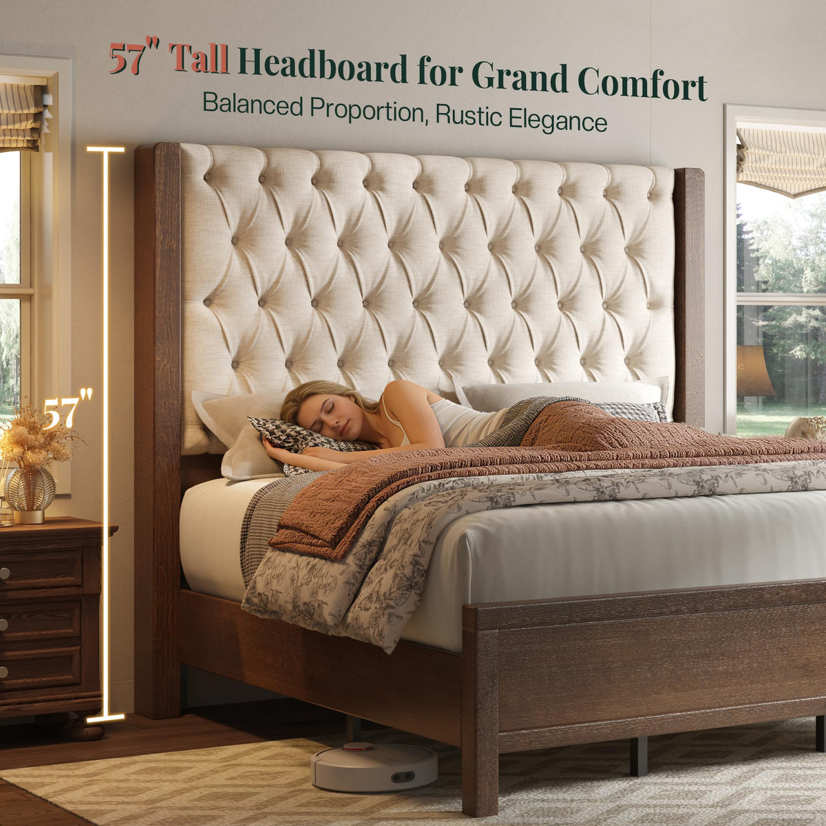 Queen Size Solid Wood Bed Frame with Wingback Headboard C3402