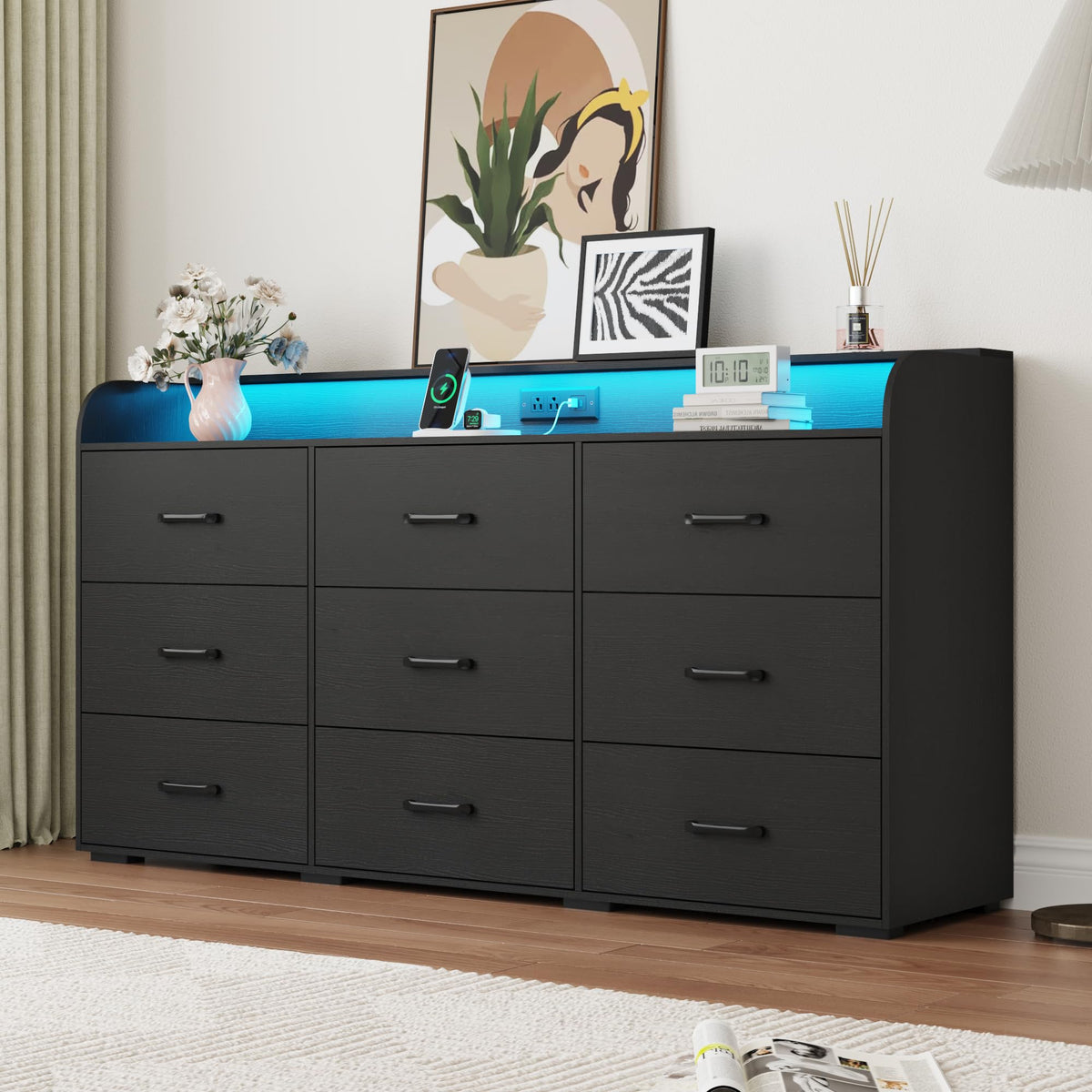 Black 9 Drawer Wood Dresser with Power Outlet and LED Lights N22577