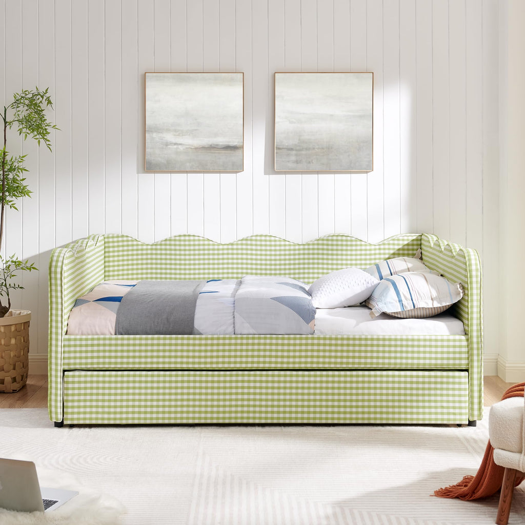 Green Gingham Full to King Upholstered Daybed with Trundle Q52410