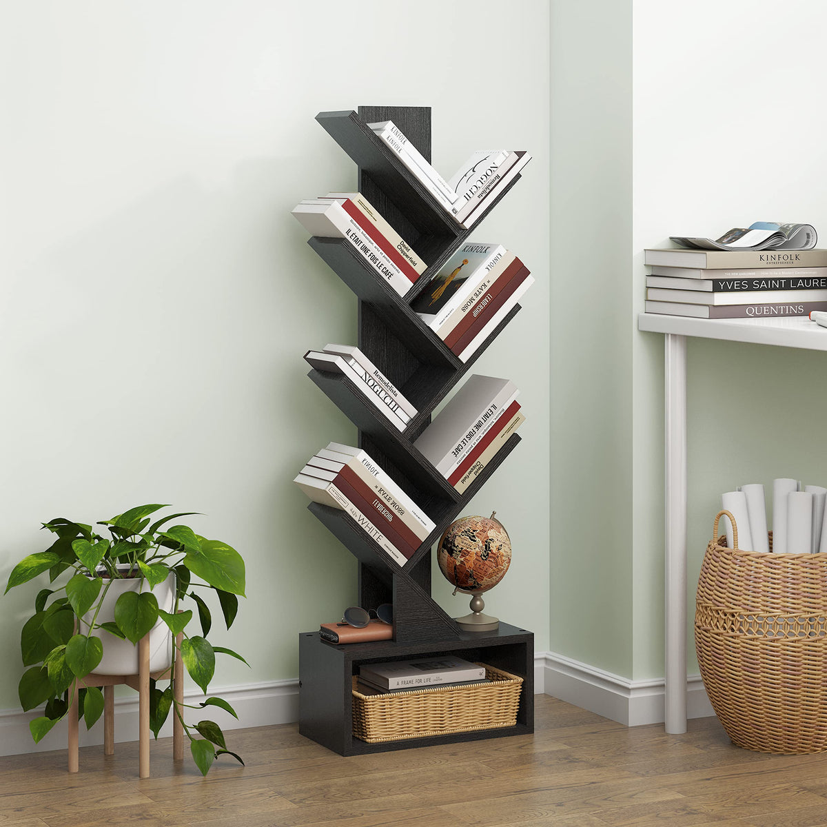 Black 6 Tier Wood Tree Bookshelf with Drawer W246