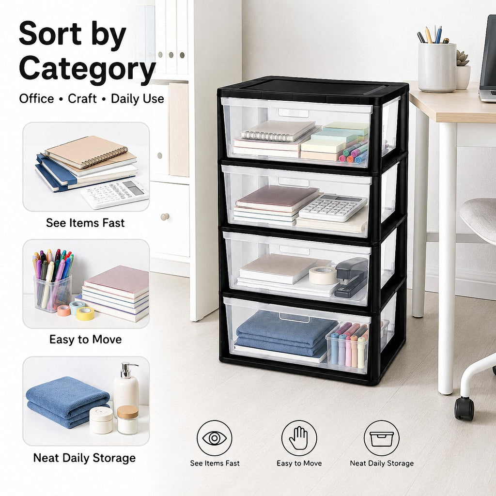 Black 4 Drawer Storage Organizer Tower with Clear Removable Bins B806587