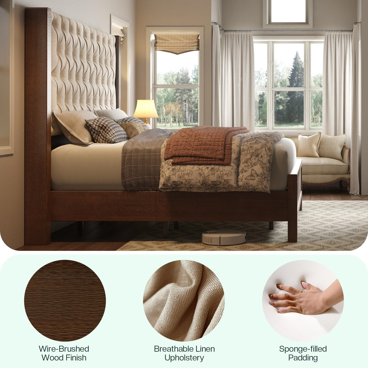 Queen Size Solid Wood Bed Frame with Wingback Headboard C3402