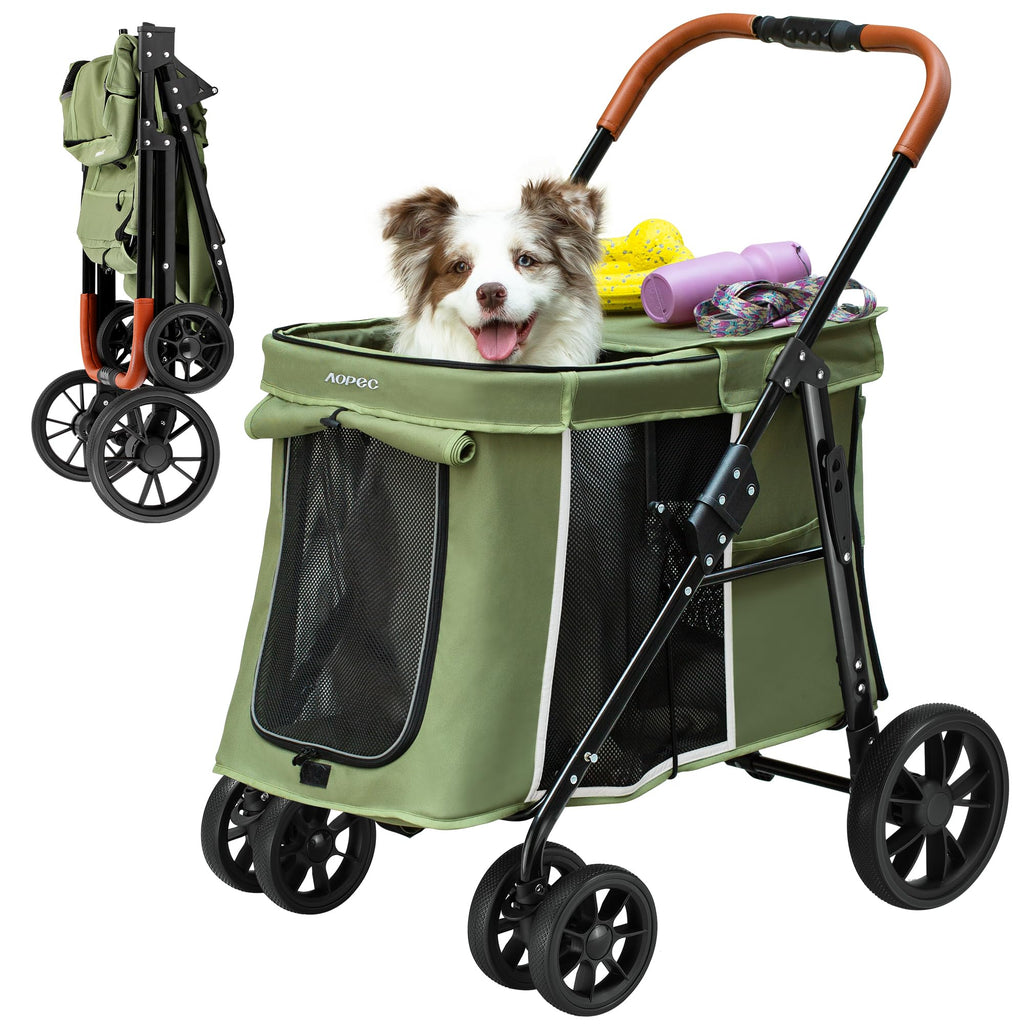 Medium Dog Stroller, One-Touch Folding, 360° Rotating Front Wheels, 80 lbs Weight Capacity, Green M20561