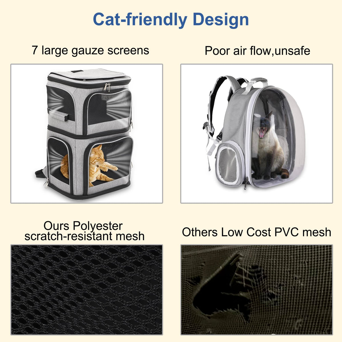 Expandable Cat Backpack Carrier for 2 Cats, 7 Windows, Foldable W178